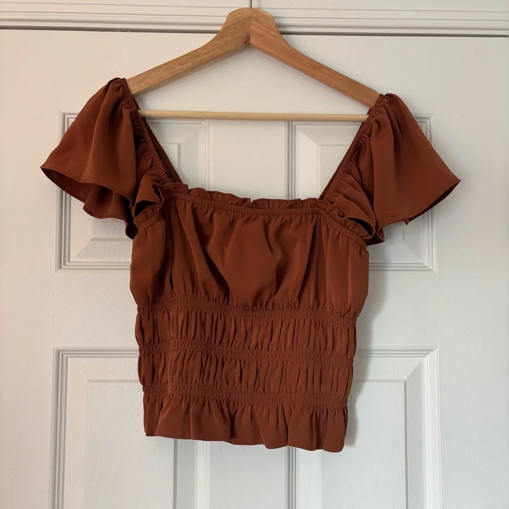 Abercrombie and Fitch Flutter Sleeve Smocked Top Crop Tank Brown Rust M Flowy - Picture 3 of 7
